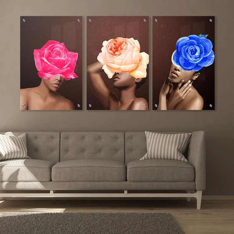 תמונות מחולקות  סט אפריקאית ופרח צבעוני בגודל 40X60*3 ס"מ, 60X80*3 ס"מ  עיצוב בנושא דמויות ואנשים,  מגיע בקנבס ומסגרת לבנה, זכוכית ומנטים כסופים - דגם 135232