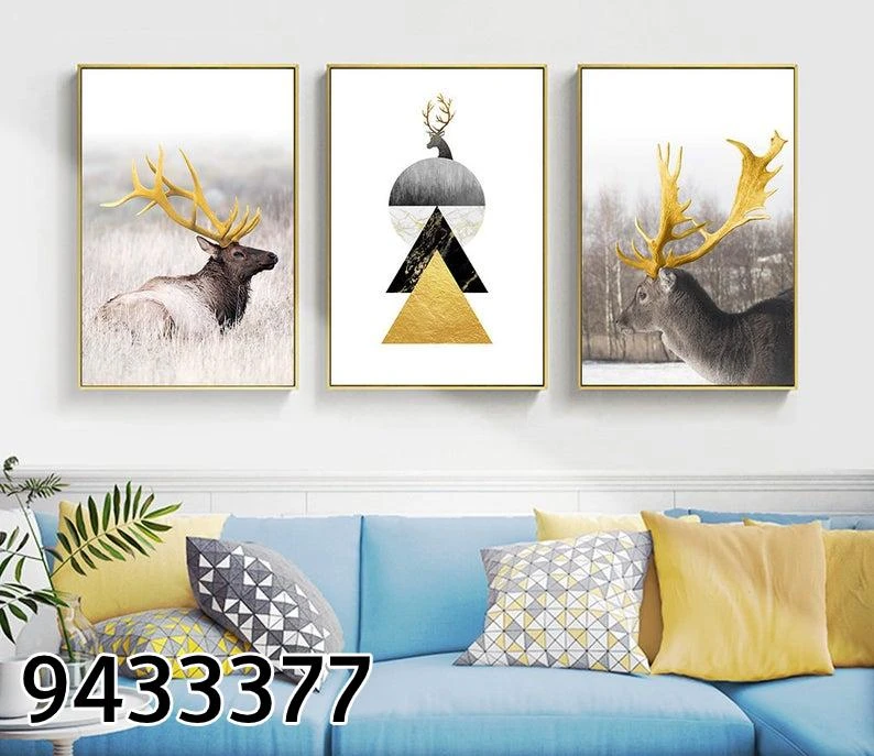 עמוק ביער - סט שלוש תמונות קנבס איילים מופשטים לתלייה בסלון או במשרד מק"ט 9433377