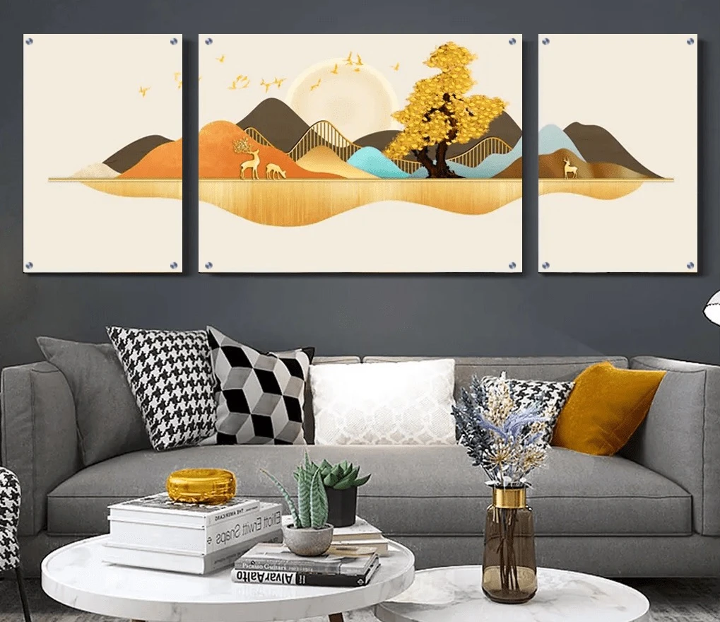 טרנדי: 3 תמונות זכוכית איור חלל בגווני זהב, קרם לפינת אוכל - דגם g27560236