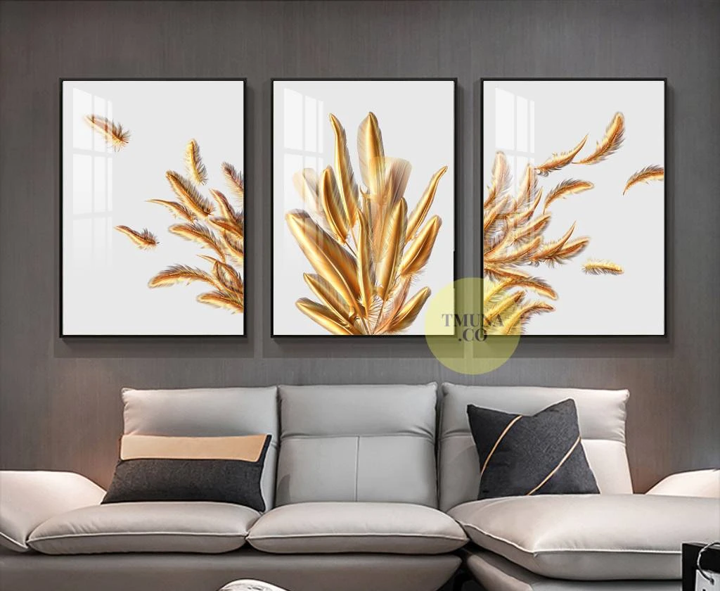 עלי הזהב - סט 3 תמונות זכוכית מחולקות מעוצבות לסלון או לפינת אוכל או ללובי סגנון מודרני דגם 3728511