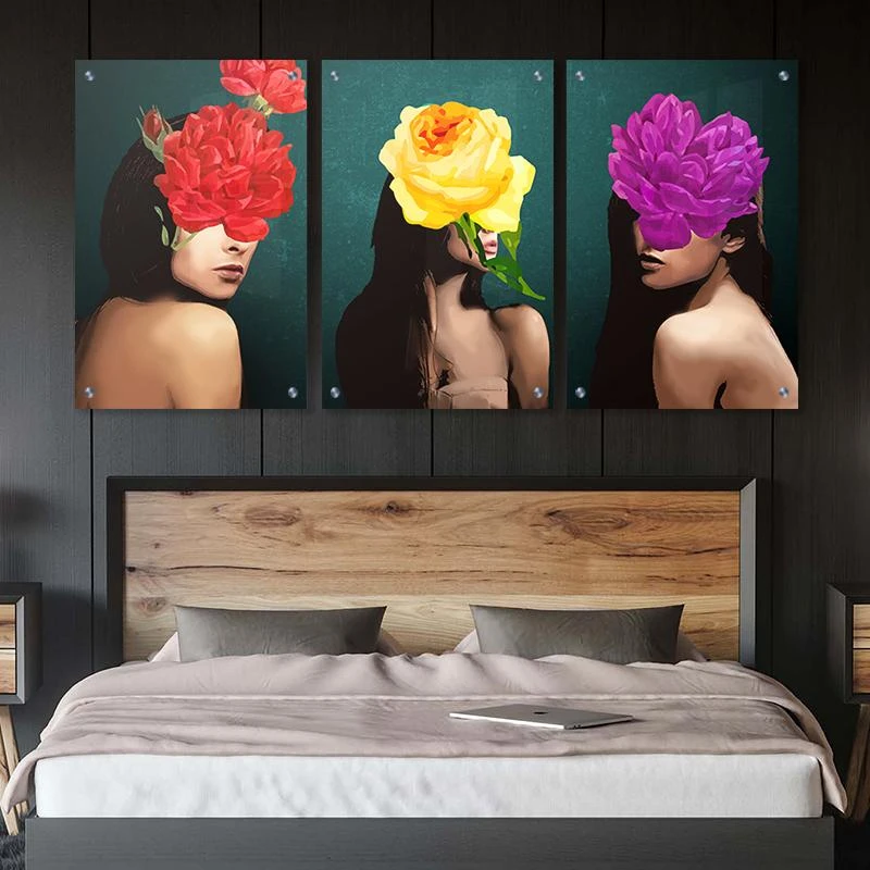 תמונות מחולקות  סט אישה ופרח החדש בגודל 40X60*3 ס"מ, 60X80*3 ס"מ  עיצוב בנושא דמויות ואנשים,  מגיע בקנבס ומסגרת שחורה, זכוכית ומנטים כסופים - דגם 135230