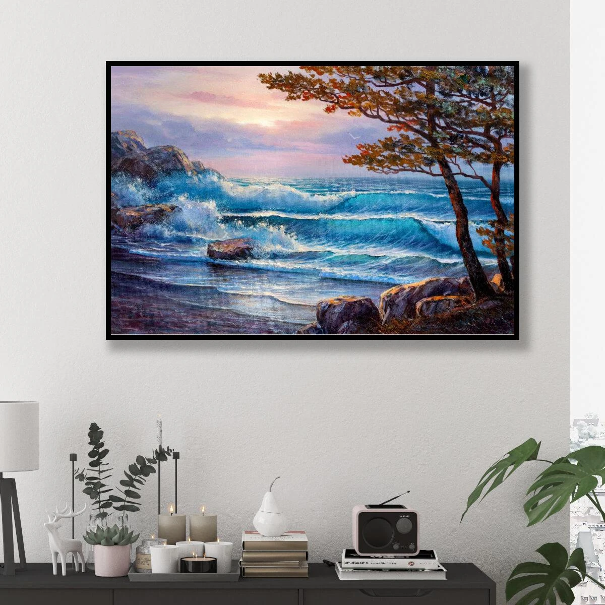 ציור של נוף ים ועצים - ציור קיר מרגיע בצבעים רכים לסלון או למשרד דגם 3728378