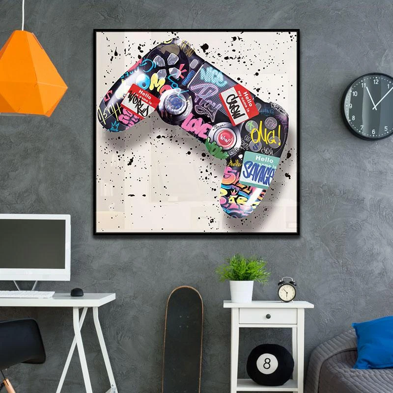 תמונת קנבס כותנה או זכוכית גרפיטי מעוצבת של ג'וי סטיק לתלייה במשרדי הייטק, נדלן וחדרי נוער תמונה לגיימרים דגם 134983