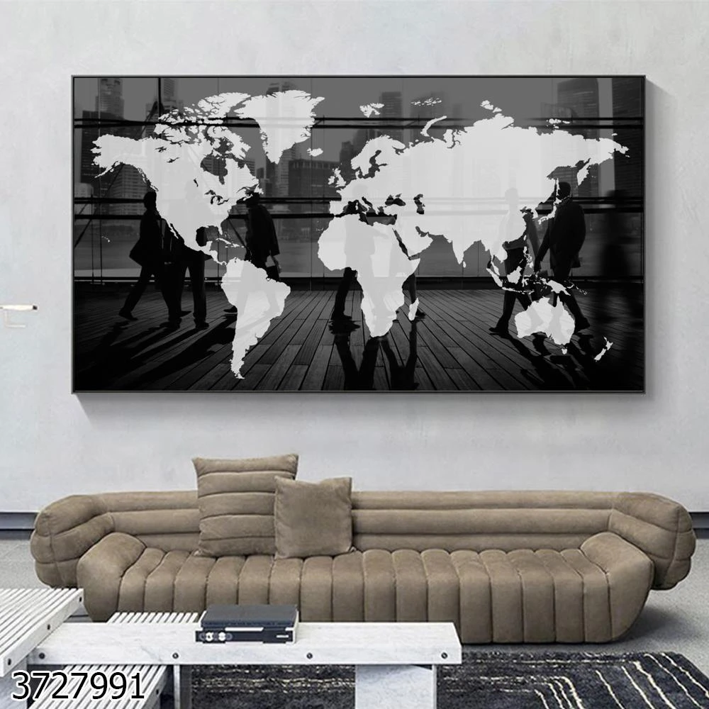 תמונת זכוכית מדהימה של מפת העולם בצבעי שחור לבן לתלייה במשרד דגם 3727991