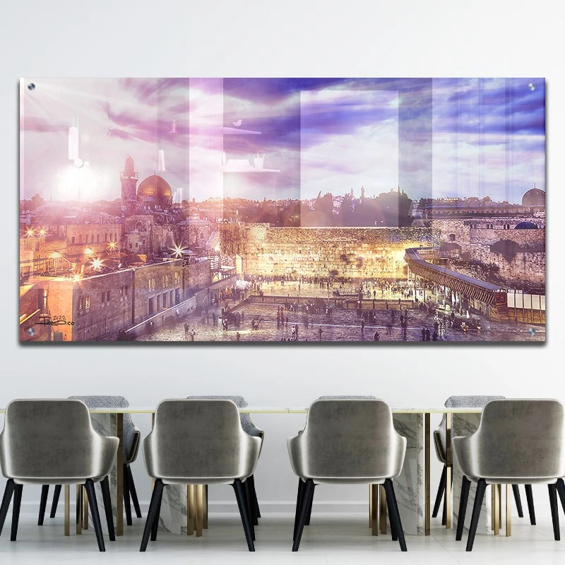 תמונת זכוכית של הכותל ירושלים לפינת אוכל הכותל המערבי תמונת אמנות פופולארית על זכוכית בגווני חום, זהב, כחול - דגם galvtm46p2675