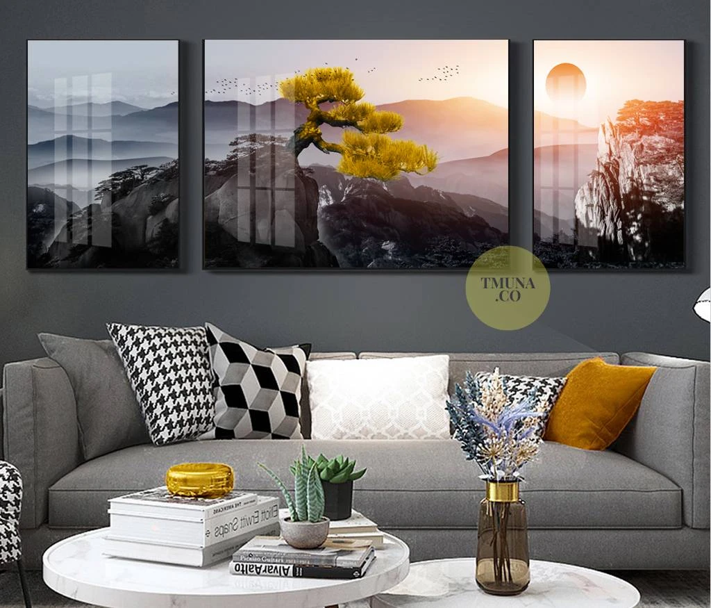 סט 3 תמונות זכוכית מחולקות של נוף עצים ושמש לסלון או ללובי דגם 3728519