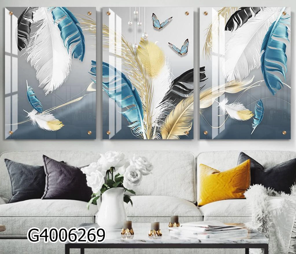 נוצות ופרפרים סט תמונות מחולק על זכוכית בגווני כחול זהב לסלון דגם G4006269