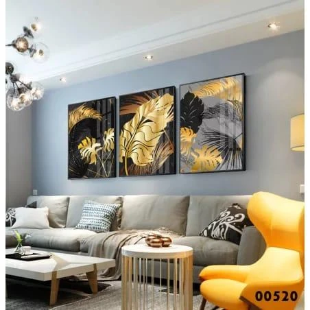 שלוש נוצות - סט 3 תמונת קנבס בגווני שחור זהב ממוסגרות 00520