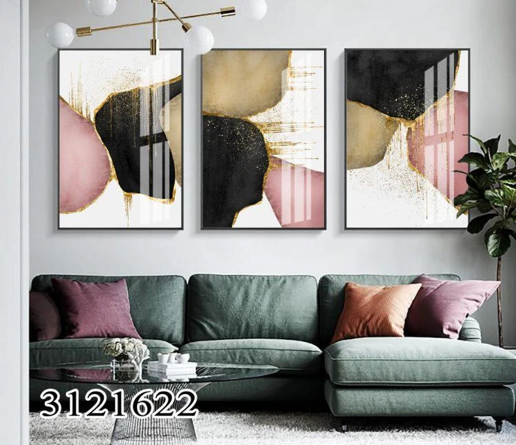 סט 3 תמונות מעוצבות בגווני ורוד שחור זהב לסלון דגם 3121622