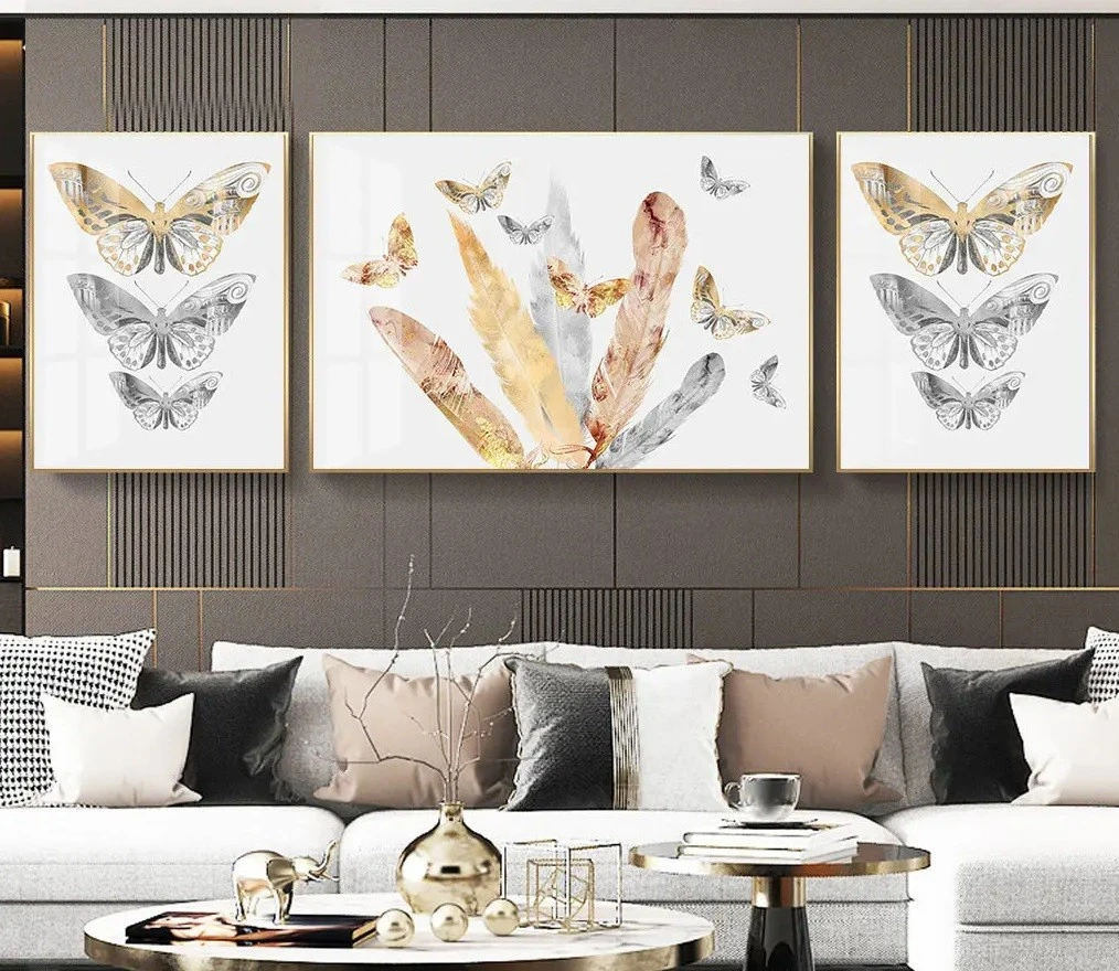 סט 3 תמונות קנבס מחולקות פרפרים על רקע לבן עיצוב מיוחד פרפרים לחדר שינה - דגם 23915956