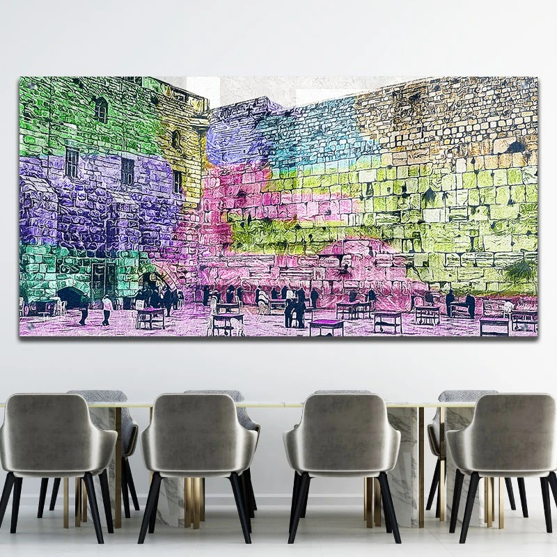 תמונת זכוכית הכותל ירושלים לפינת אוכל הכותל שמים כחולים תמונת אמנות פופולארית על זכוכית בגווני חום, זהב, טורקיז - דגם galvtm46p2657