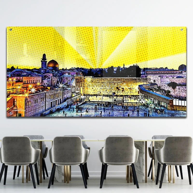 תמונת זכוכית של הכותל ירושלים למשרד פופארט הכותל המערבי תמונת אמנות פופולארית על זכוכית בגווני צהוב, זהב - דגם galvtm46p2674