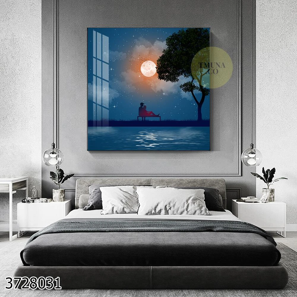 ירח האוהבים - תמונה של זוג על ים הדפסה על קנבס לתלייה בחדר שינה 3728031