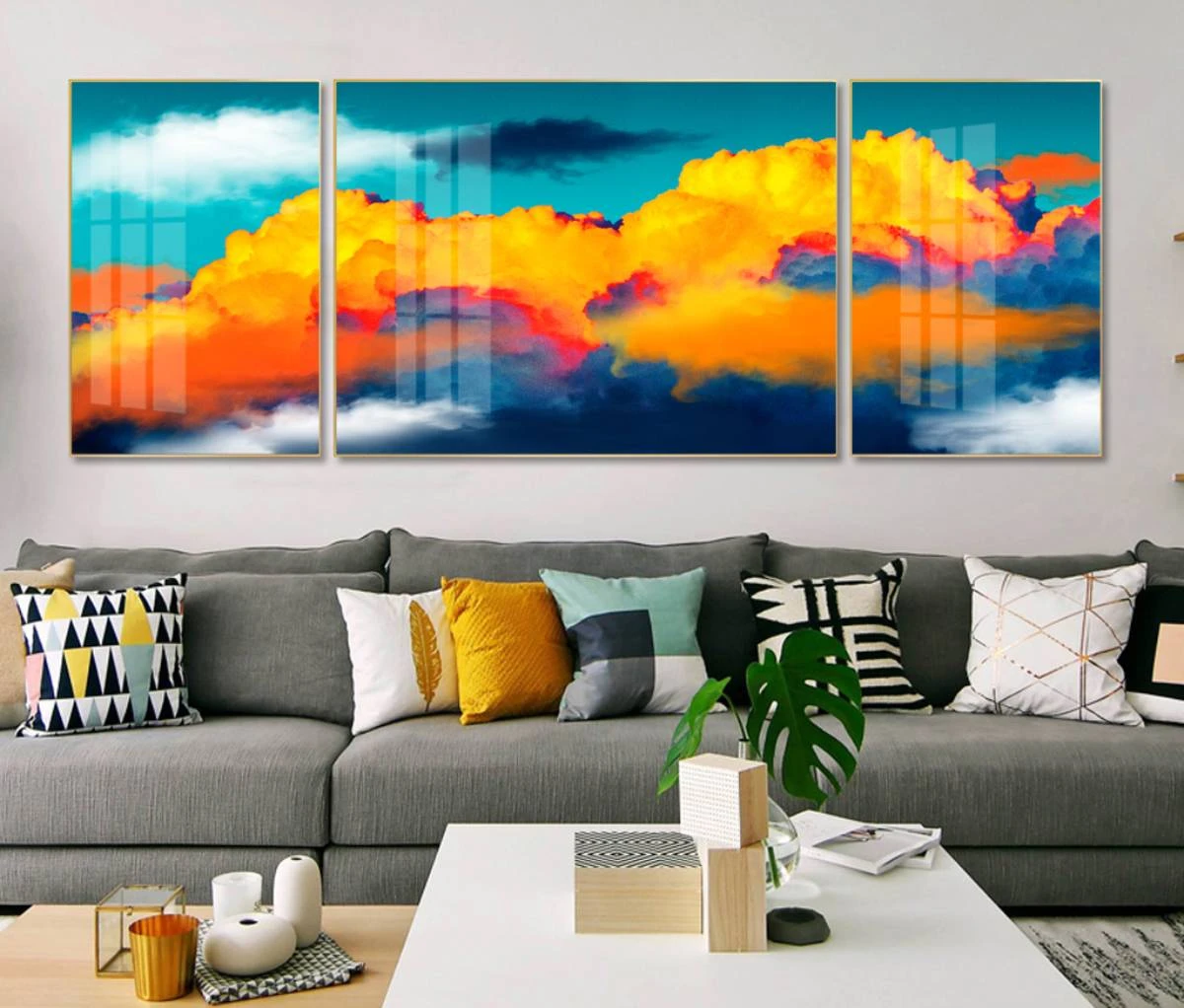 עננים צבעוניים בסגנון אבסטרקט תמונות זכוכית מחולקות לסלון או לפינת אוכל דגם 3728504