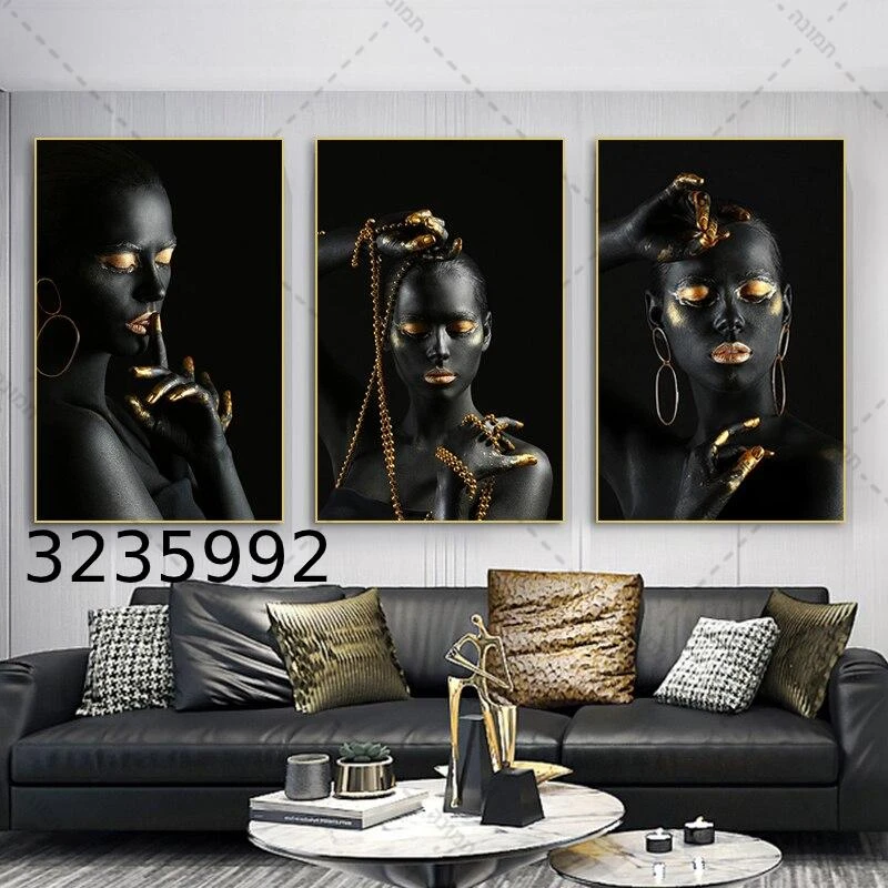 סט של טריפל תמונות קנבס לסלון 'אפריקאית בזהב' דגם 3235992