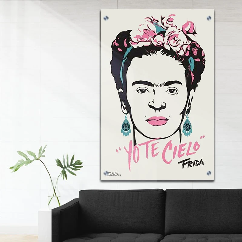 פרידה קאלו תמונת זכוכית לחדר שינה פרחים ורודים תמונת אמנות פופולארית על זכוכית בגווני אפור, שחור, ורוד - דגם galvtm47p2826