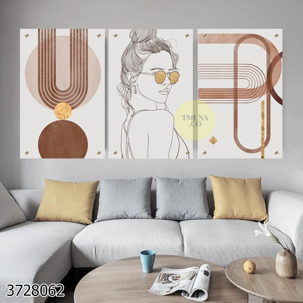 טריפל תמונות זכוכית מינימליסטי נורדי אישה וצורות לחדר שינה או סלון דגם 3728062