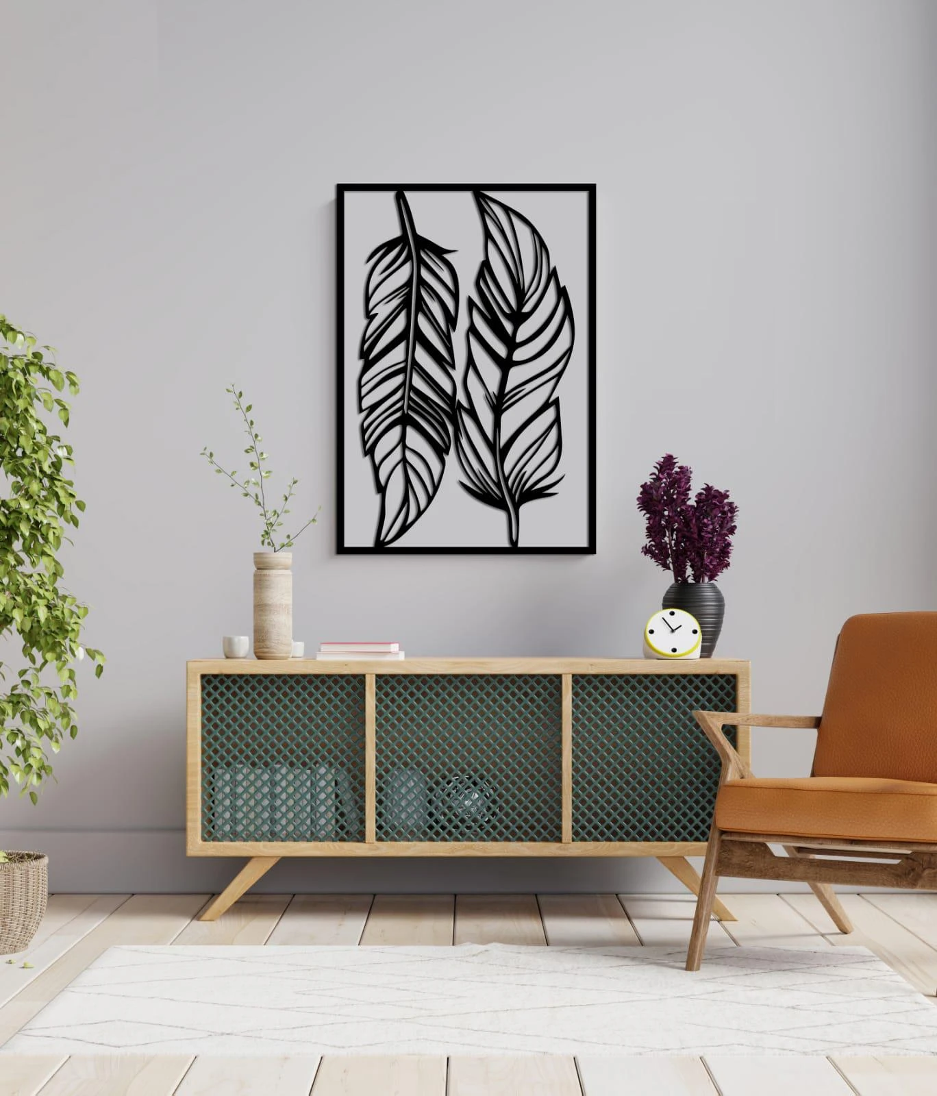 זוג נוצות - תמונה מינימליסטית לפינת אוכל למטבח לכניסה לבית למעל הדום תמונה חיתוך בעץ דגם m121