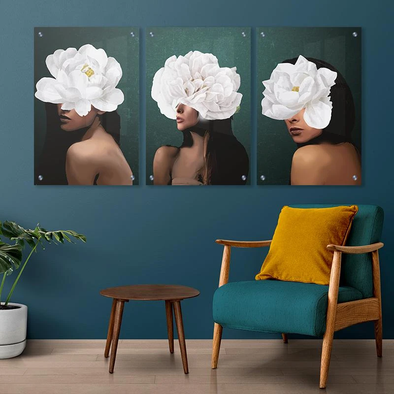 תמונות מחולקות  סט אישה ופרח לבן בגודל 40X60*3 ס"מ, 60X80*3 ס"מ  עיצוב בנושא דמויות ואנשים,  מגיע בקנבס ומסגרת לבנה, זכוכית ומנטים כסופים - דגם 135231