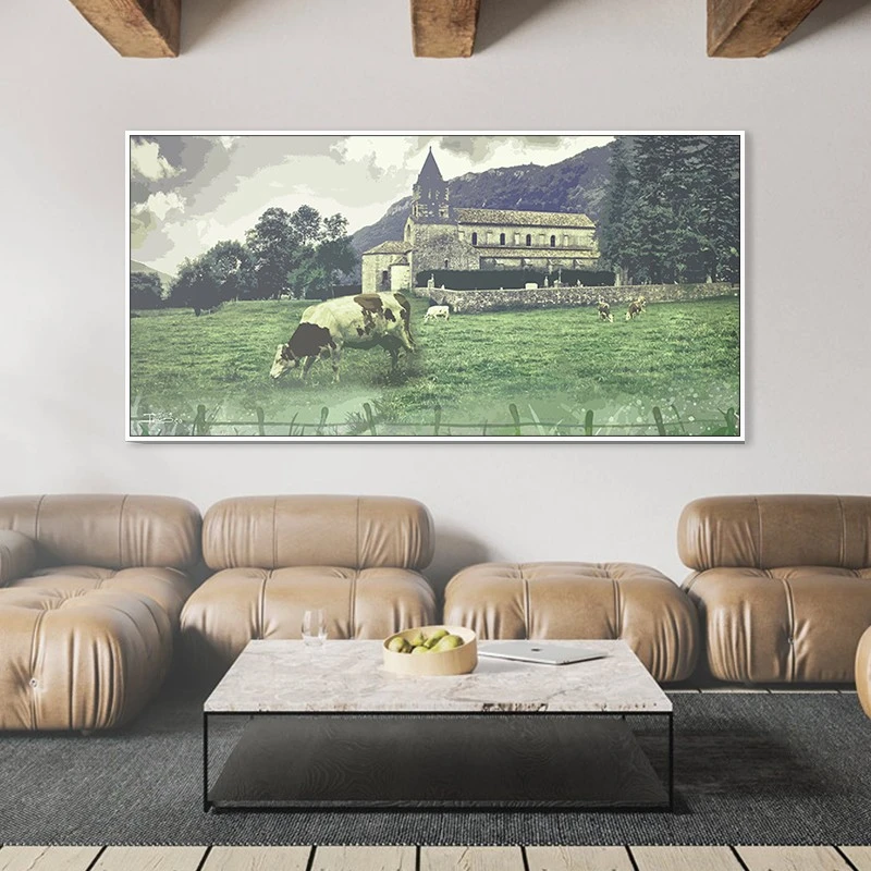 תמונה אופקית כפרית בית החווה בכפר לסלון תמונת קנבס רטרו - דגם 135403