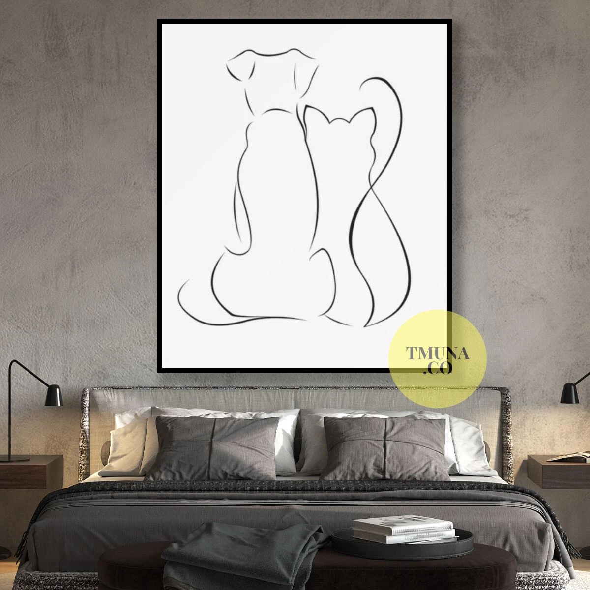 תמונות קו על קנבס או זכוכית של חתול עם כלב לחדר שינה או למסדרון דגם 3728622