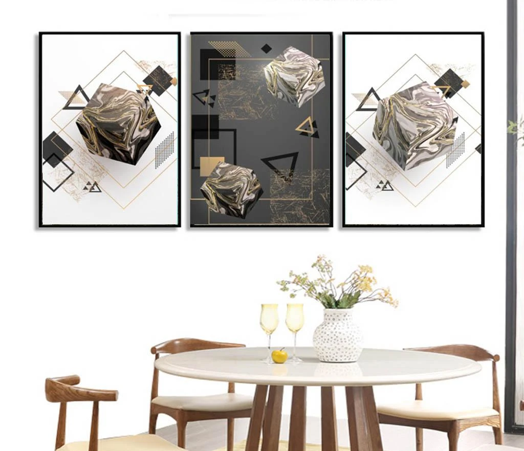 סט שלישיית תמונות קנבס גיאומטריות תלת ממד מודרניות לסלון או לפינת אוכל דגם 3728482