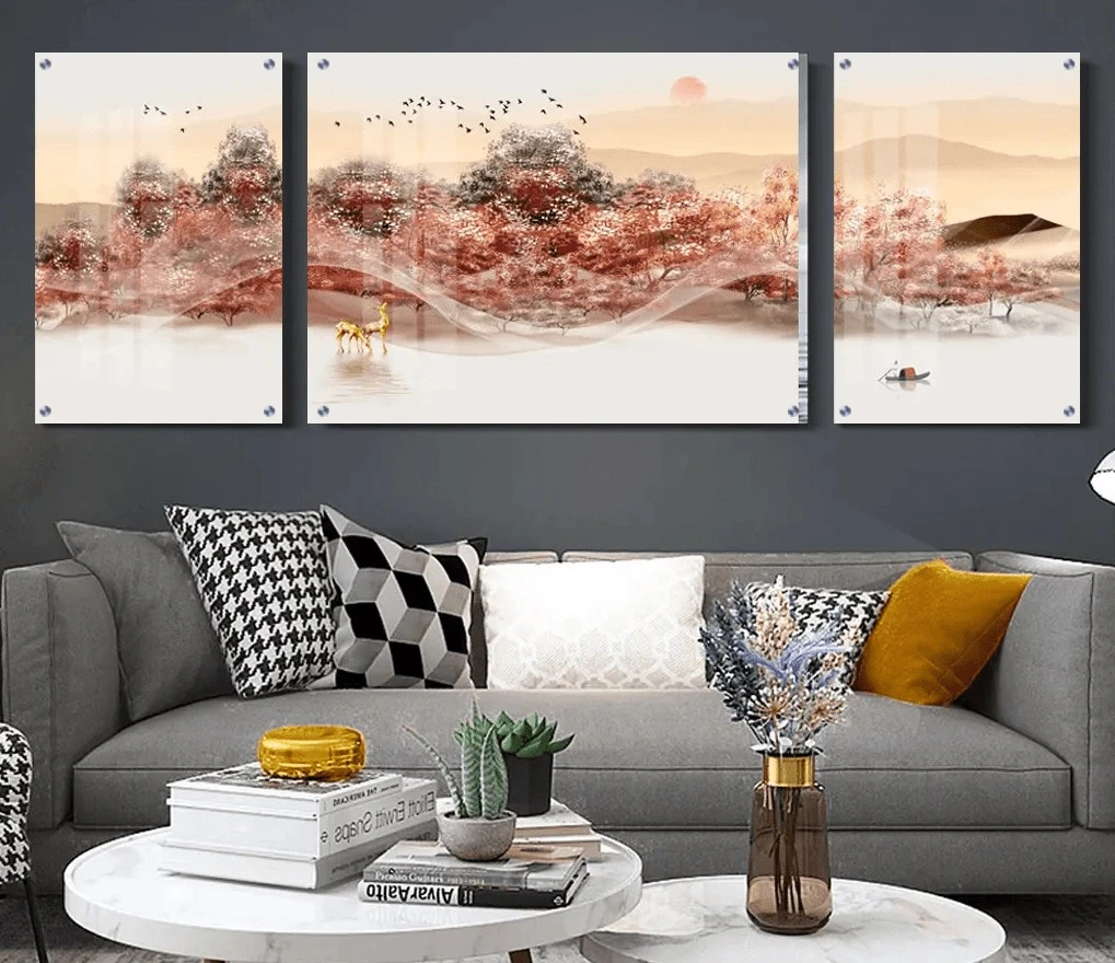 טרנדי: 3 תמונות זכוכית אייל הזהב על רקע Light בגווני אדום, אפור לקליניקה - דגם g24178919