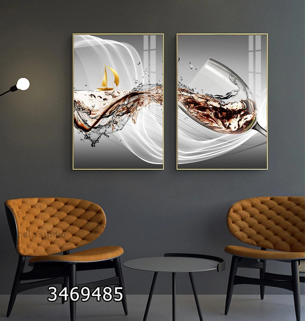 זוג תמונות קנבס לפינת אוכל כוס יין על רקע בצבע אפור מקט 3469485