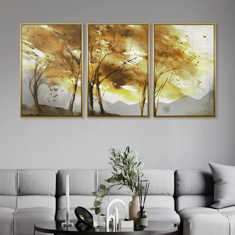 יער האושר בחורף ציור נוף מיוחד בגווני זהב שמנת תמונות יפות למשרד לסלון דגם 135324