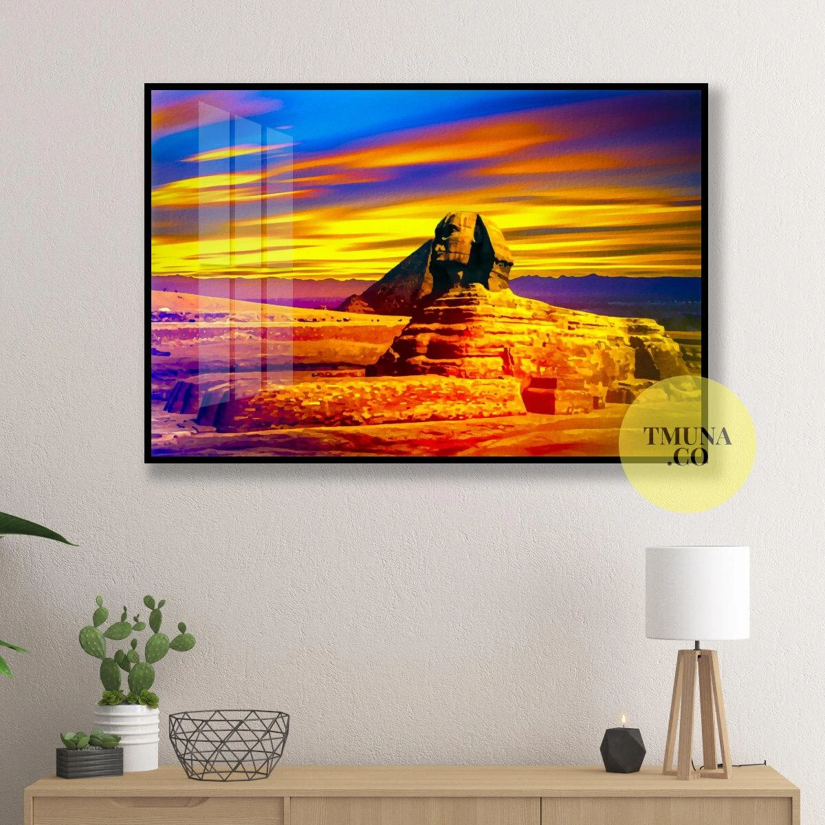 ציור לסלון על קנבס או זכוכית של הפירמידות במצרים על רקע שקיעה צבע כתום, צהוב, כחול דגם 3728643