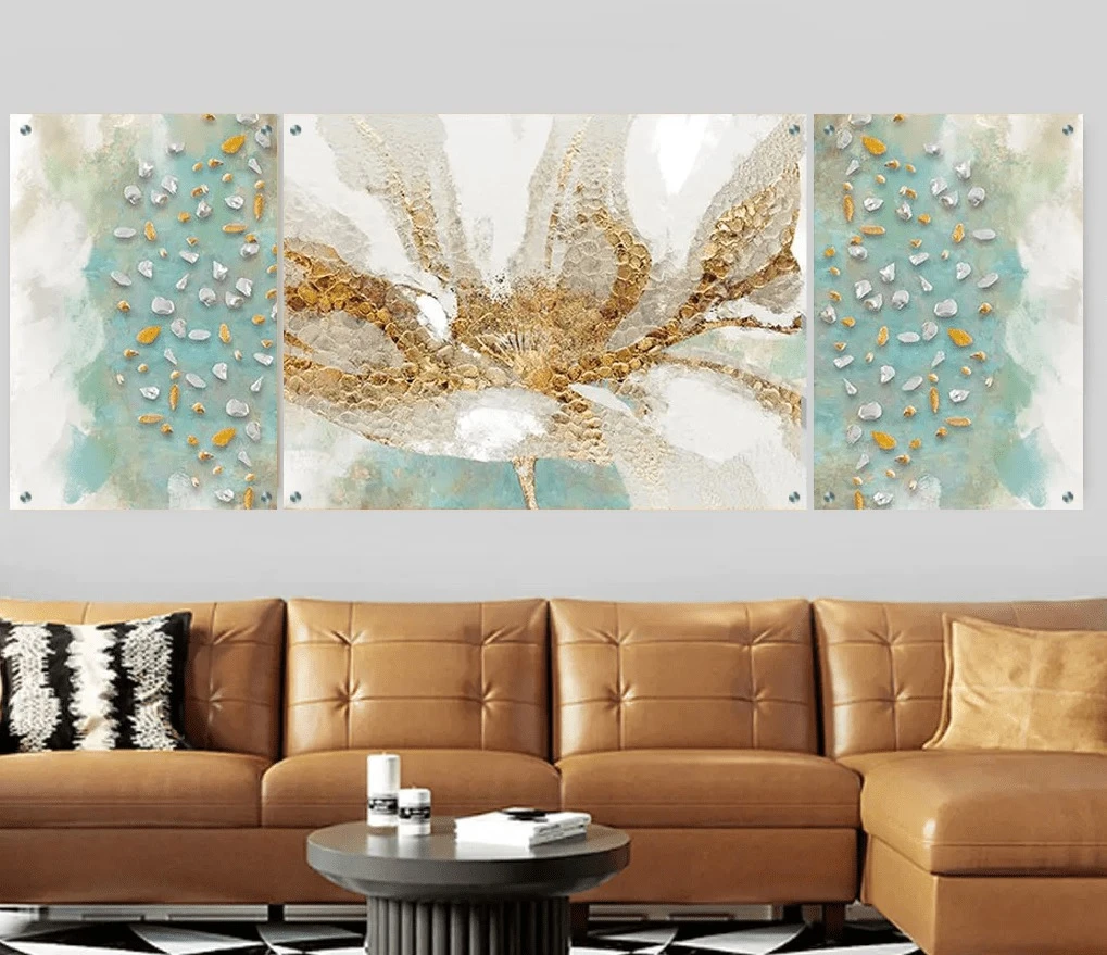 טרנדי: 3 תמונות זכוכית אבסטרקט טהראן  בגווני ירוק, זהב, אפור לסלון - דגם g23932676