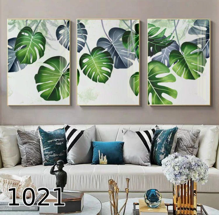 סט עלים ירוקים על קנבס - סט 3 תמונות לסלון דגם 1021