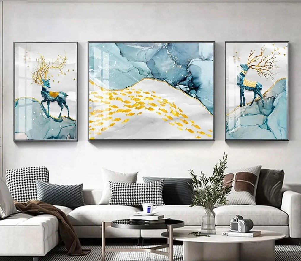 סט 3 תמונות קנבס של חיות לסלון צבע טורקיז ואפור עיצוב מיוחד בעלי חיים למשרד - דגם 24233985