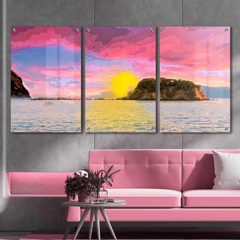 שמים ורודים - שלישיית תמונות זכוכית לסלון בחדר שינה דגם 135108