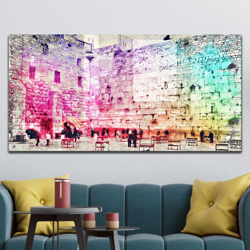 תמונת זכוכית הכותל ירושלים לסלון ציור הכותל תמונת אמנות פופולארית על זכוכית בגווני אפור, ורוד, טורקיז, ירוק - דגם galvtm46p2655