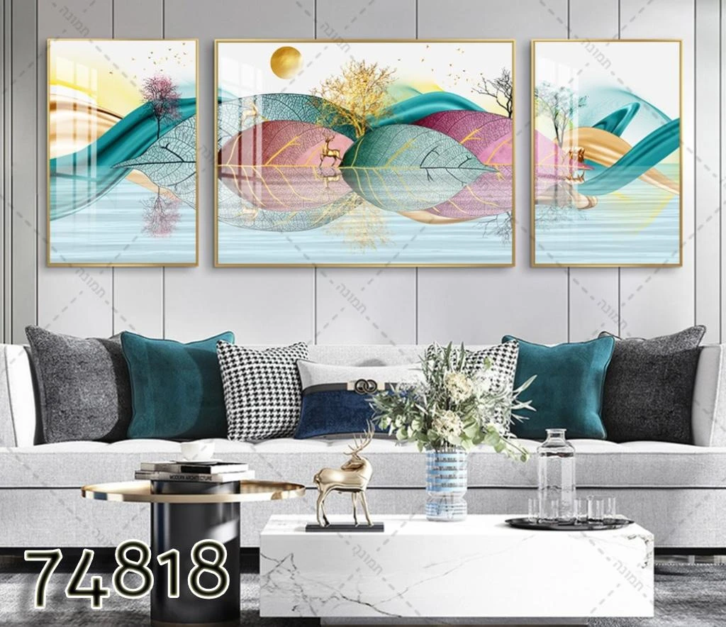 סט תמונות נוף קנבס 'נורדי עלים ואיילות' לתלייה בסלון דגם 74818