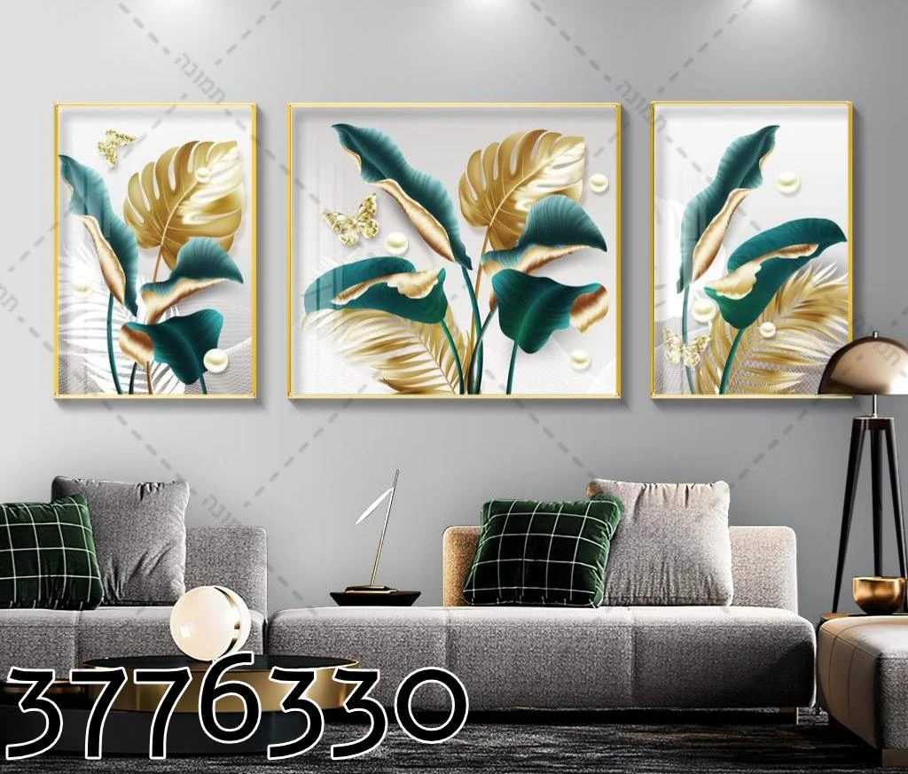 סט תמונות קנבס 'פרחים פנינים ופרפרים ירוק זהב' לסלון דגם 3776330