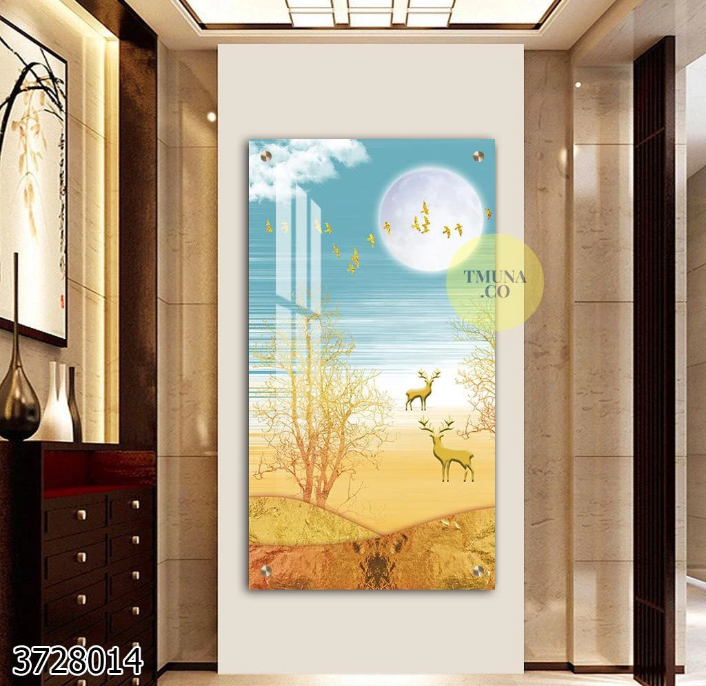 חוף ים איילים ועצים תמונת זכוכית בסגנון נורדי ללובי או כניסה לבית דגם 3728014