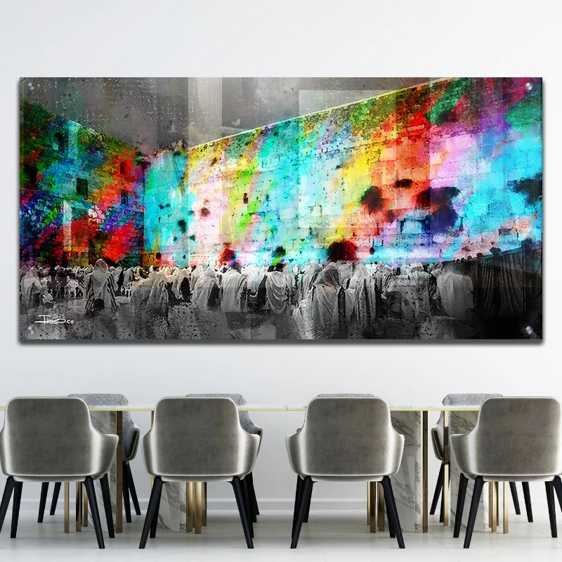 תמונת זכוכית של הכותל ירושלים למשרד תפילות ישראל תמונת אמנות פופולארית על זכוכית בגווני צבעוני,אדום, טורקיז - דגם galvtm46p2660