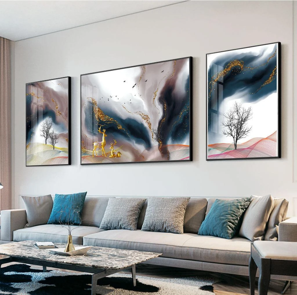 סט תמונות קנבס יפות אבסטרקט גדולות עם אלמנטים של נוף לסלון דגם 3728474