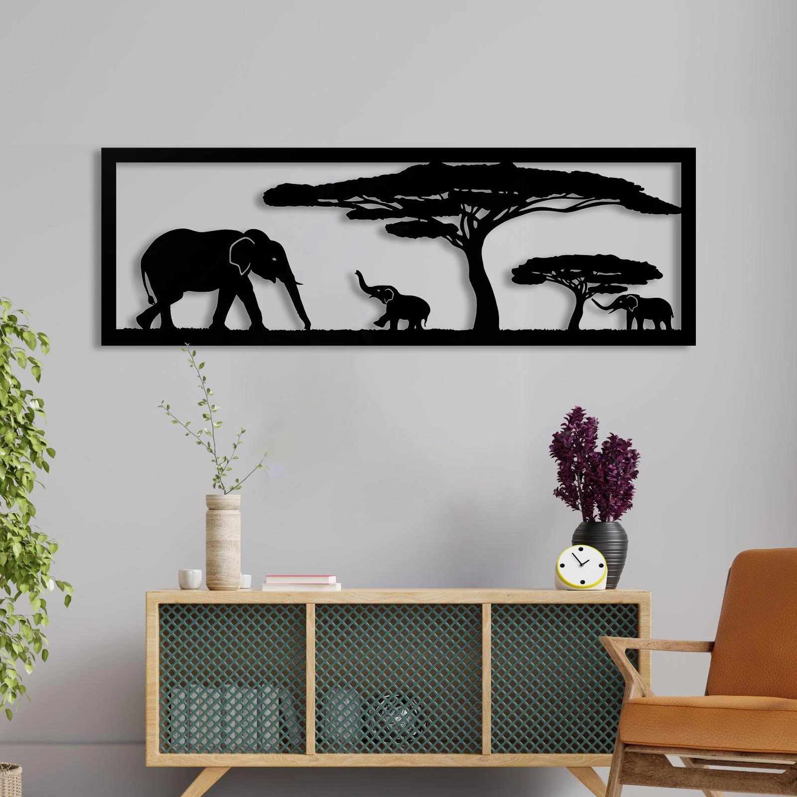 יער טרופי תמונת פיל מיוחדת בחיתוך עץ לתלייה בסלון בכניסה לבית בפינת אוכל דגם m113