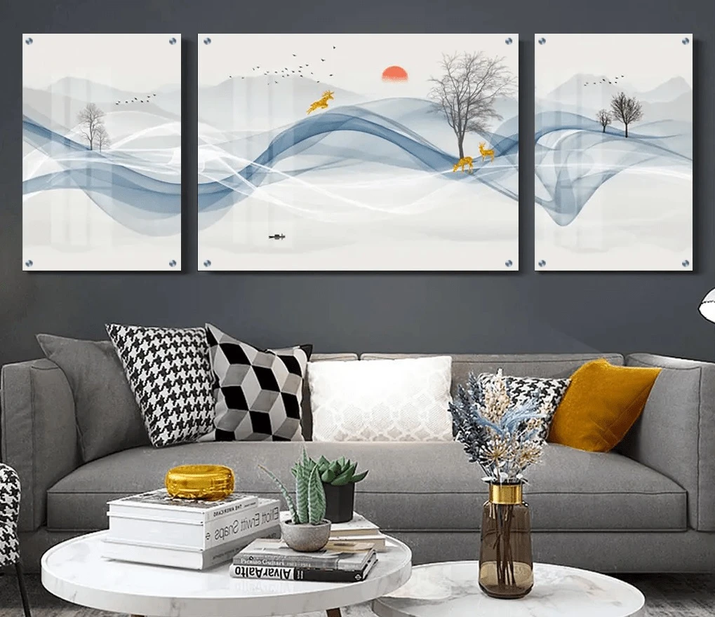 טרנדי: 3 תמונות זכוכית נורדי נופים בגווני אפור, כחול לחדר שינה - דגם g24178948