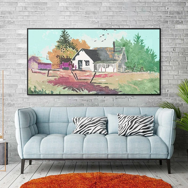 תמונה אופקית כפרית בית החווה ציור לסלון תמונת קנבס רטרו - דגם 135410