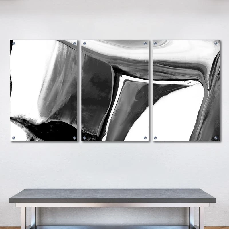 שלשיית תמונות זכוכית לסלון למשרד מינימליסטי בשחור לבן דגם 135101