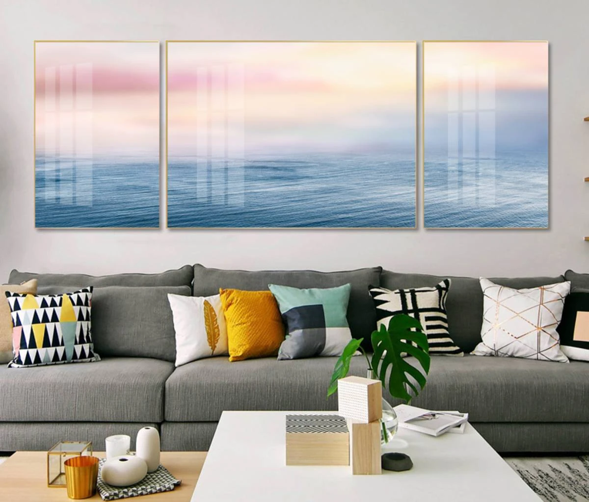 סט 3 תמונות זכוכית מרגיעות מחולקות של נוף ים נורדי יוקרתיות לסלון או לקליניקה דגם 3728506