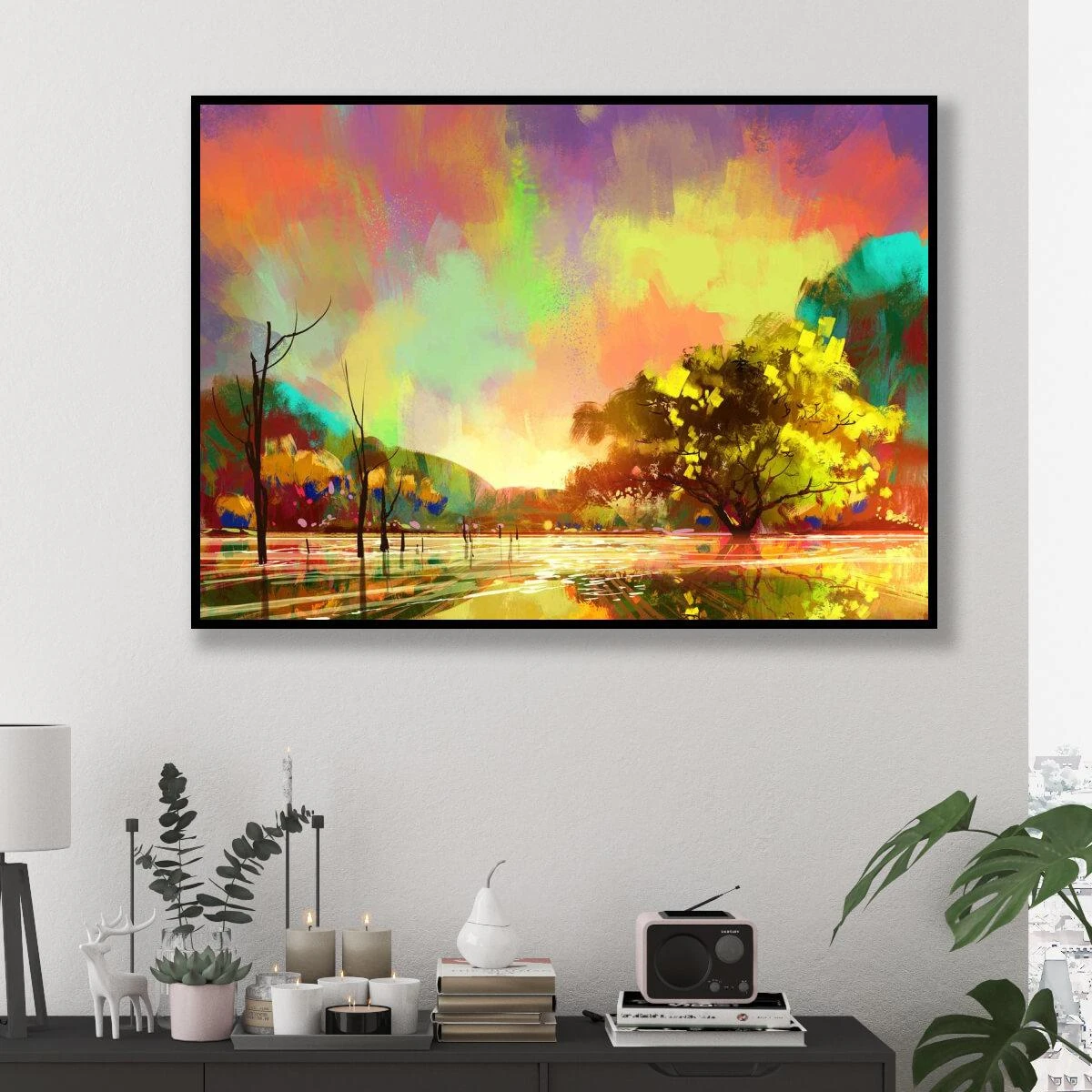 ציורים אבסטרקטים - נוף צבעוני על קנבס או זכוכית תמונה של עצים ושמיים לכניסה לבית או למשרדים מעוצבים דגם 3728397
