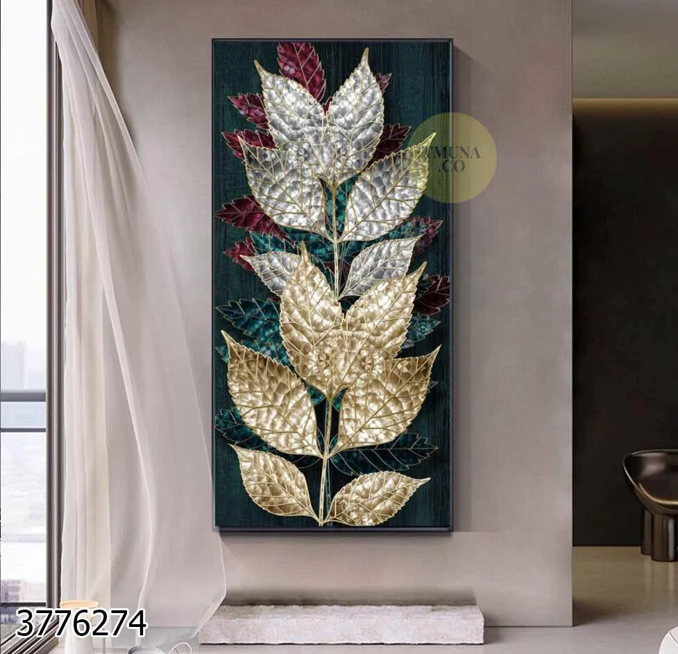 תמונות קנבס גדולות לסלון למשרד או לכניסה לבית בגווני ירוק זהב 'אבסטרקט עלים' דגם 3776274