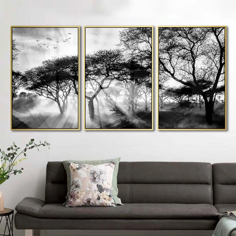 קנבס שלישיית תמונות נופים בשחור לבן לתלייה בסלון או במשרד דגם 135103