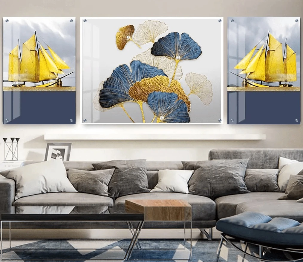 טרנדי: 3 תמונות זכוכית סירה מזהב בגווני זהב, כחול, אפור לקליניקה - דגם g24122089