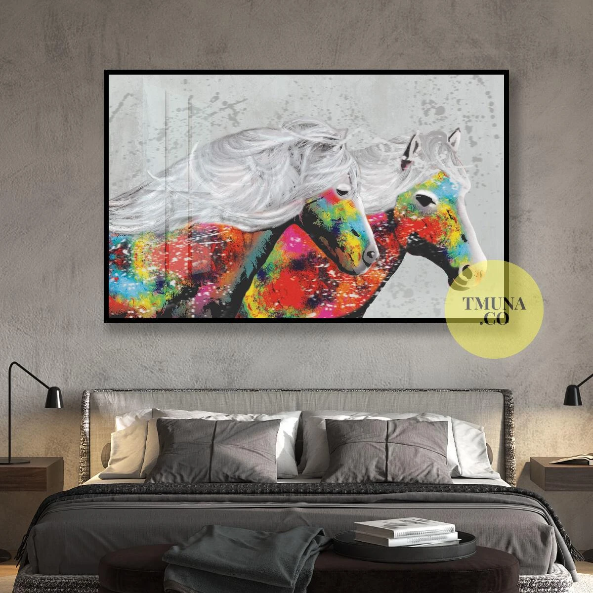 פופארט מרוץ הסוסים בצבע צבעוני על רקע אפור למשרד סלון או חדר שינה הורים דגם 134897
